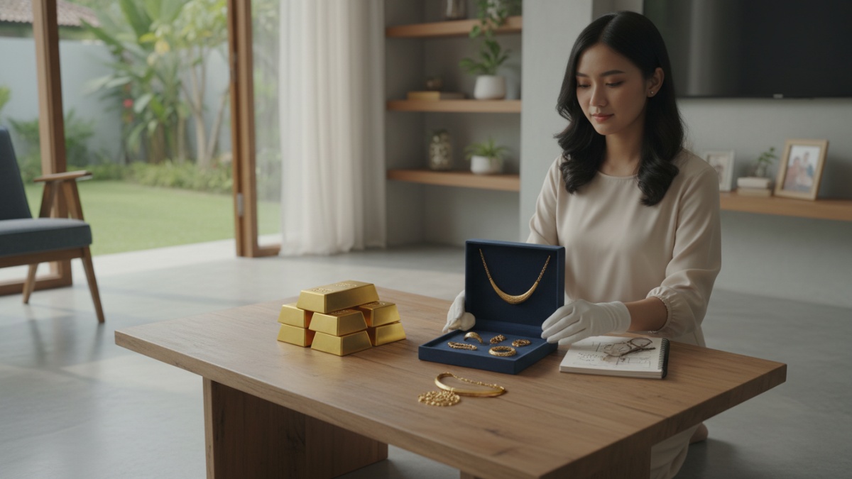 Perhiasan emas seperti cincin dan gelang yang dirawat dengan baik sehingga tetap berkilau dan bernilai investasi.
