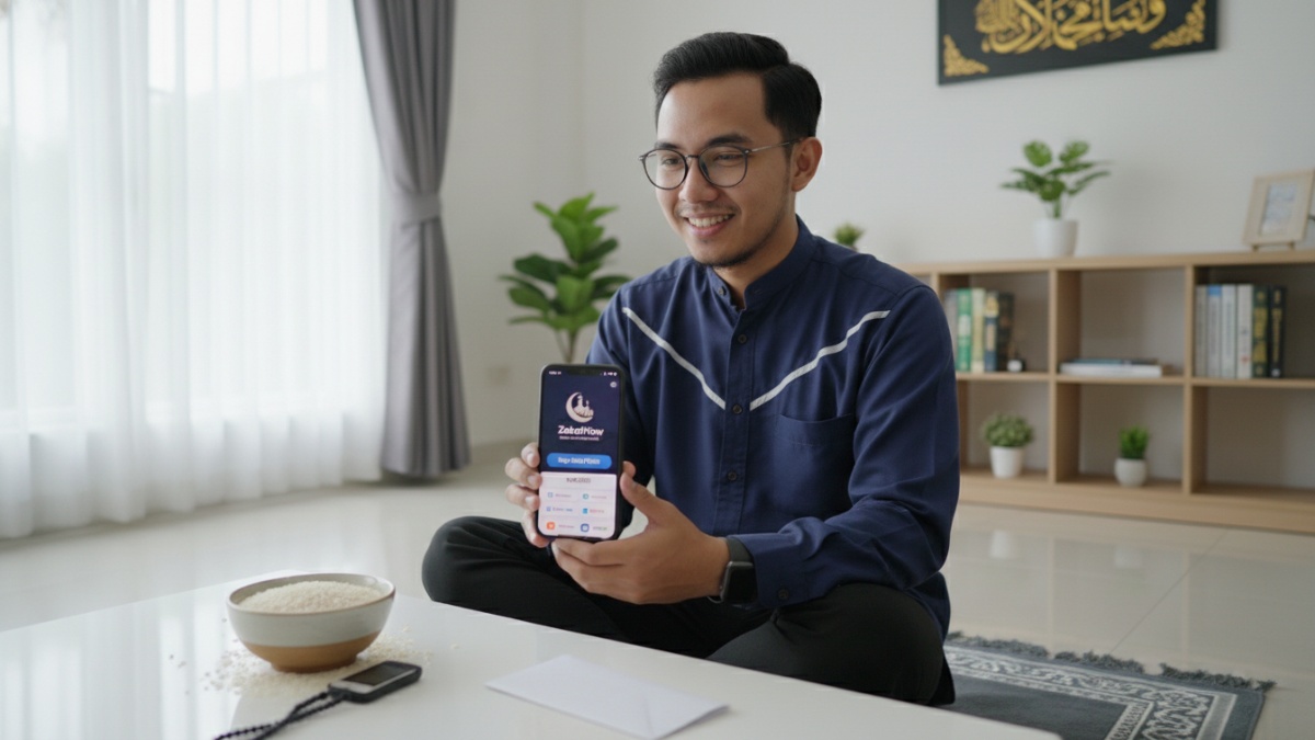 Ilustrasi pembayaran zakat fitrah melalui aplikasi di ponsel menjelang Idulfitri, menggambarkan perubahan cara berzakat di era digital.
