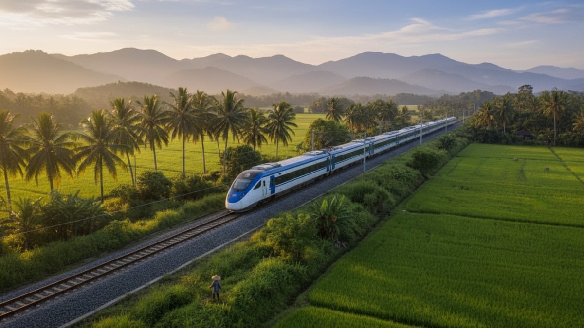 Ilustrasi pengoperasian The East Cost Rail Link (ECRL). Proyek elektrifikasi kereta listrik ECRL Malaysia yang dikerjakan PLN Group pembangunan infrastruktur transportasi rendah karbon