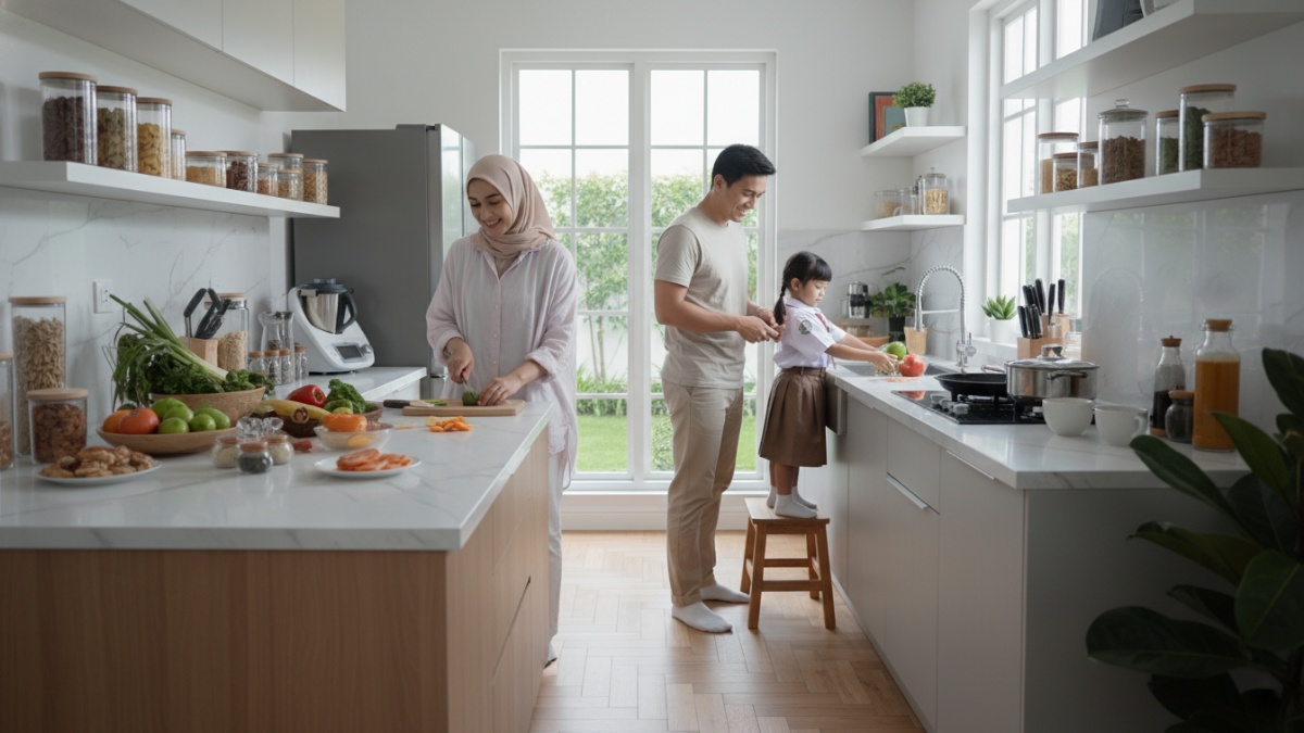 Aktivitas memasak di dapur rumah dengan bahan yang sudah disiapkan rapi membuat proses memasak terasa praktis.