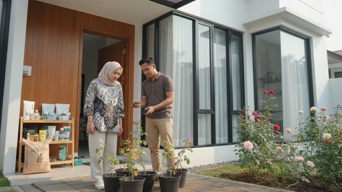 Bibit bunga mawar sehat siap ditanam dalam pot di halaman rumah.