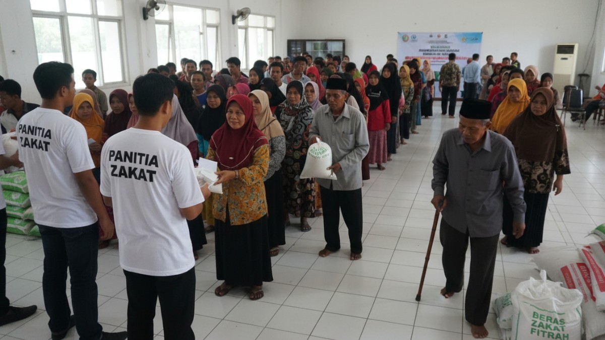Ilustrasi pembagian zakat fitrah kepada warga di lingkungan masyarakat menjelang Idul Fitri