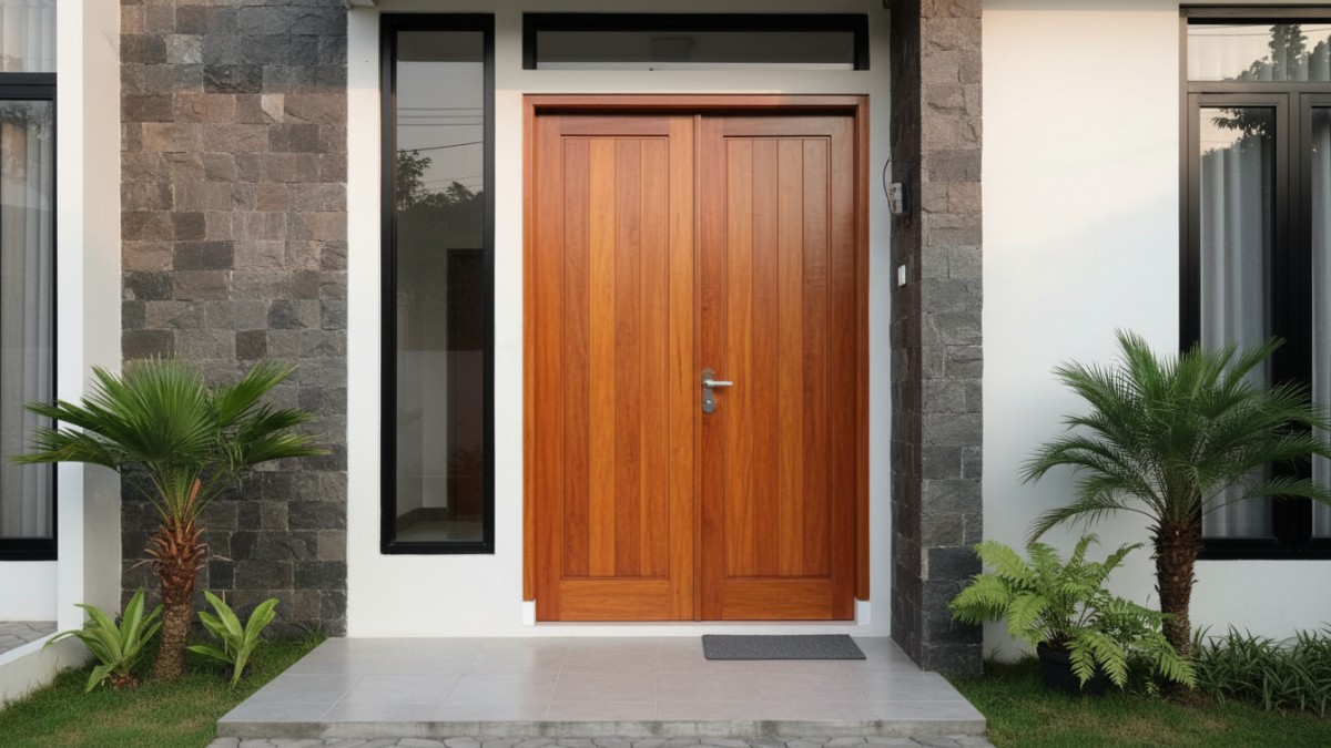 Fasad rumah modern minimalis dengan pintu utama tinggi yang menjadi fokus visual bangunan