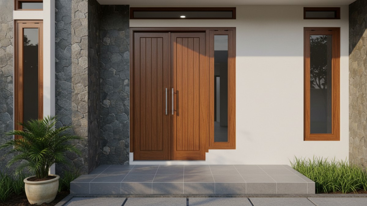 Pintu kayu solid panel vertikal tampil Elegan