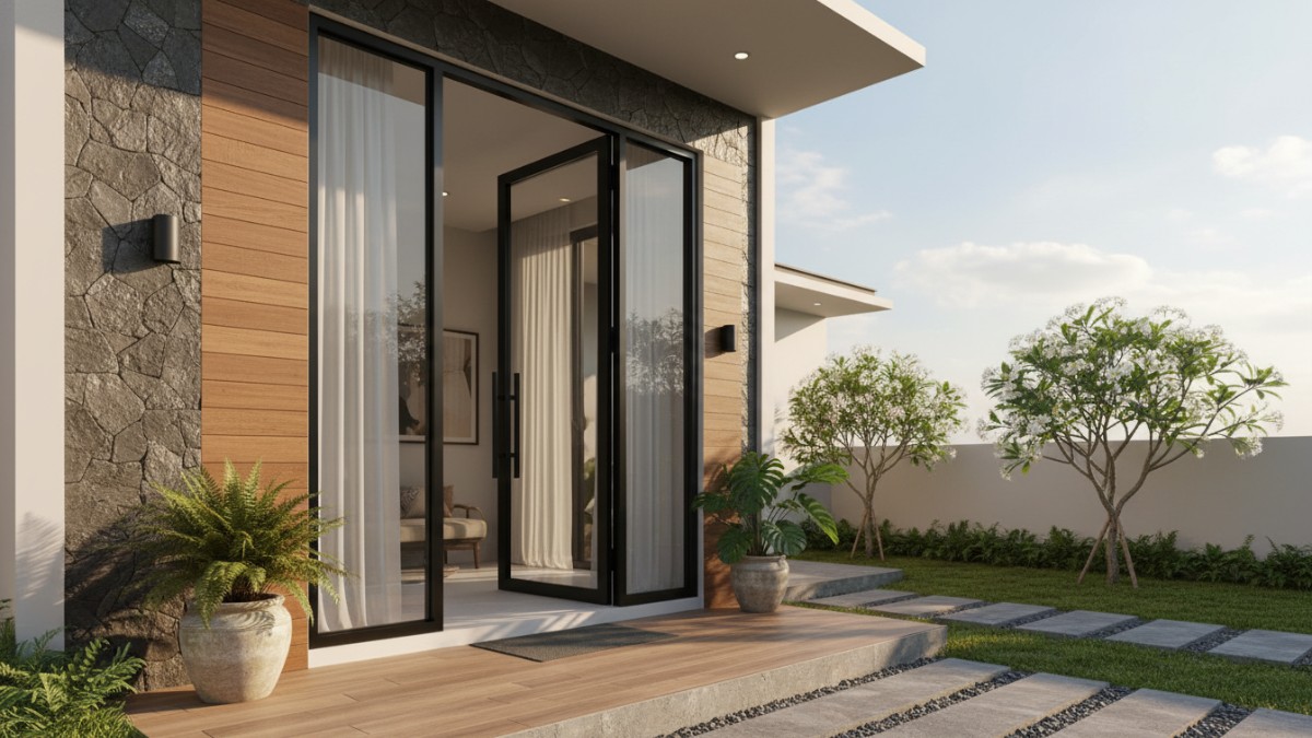 Desain pintu depan rumah modern  yang memperkuat karakter fasad minimalis masa kini.