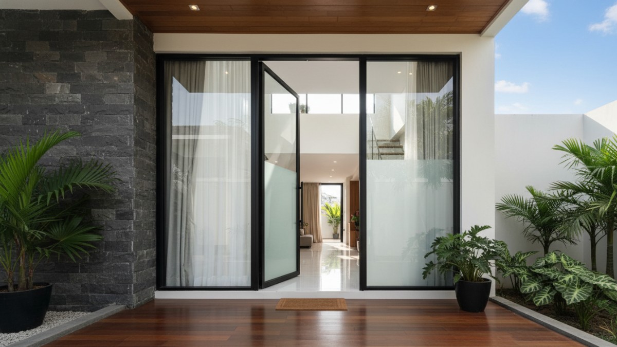 Detail instalasi pintu utama rumah dengan canopy untuk melindungi material dari panas dan hujan.