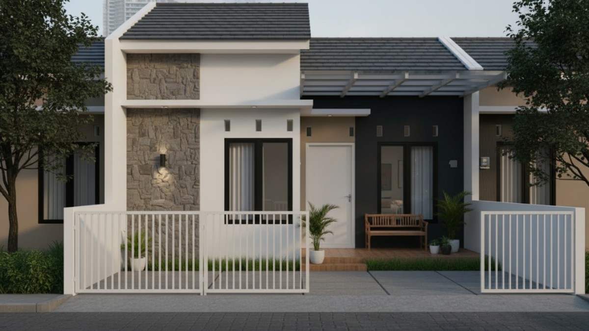 fasad rumah kecil yang tampil modern setelah renovasi atap, kanopi dan warna dinding.
