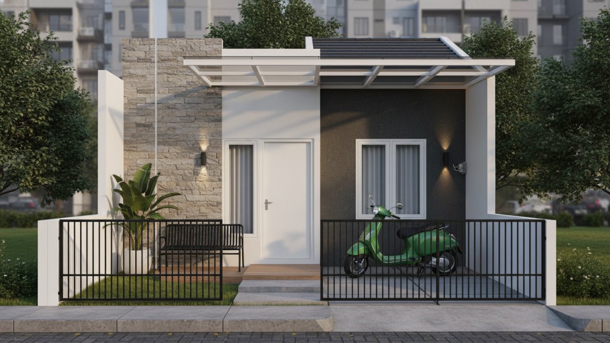 Renovasi fasad rumah tipe 21 modern dengan kanopi minimalis dan warna monokrom yang banyak dipilih karyawan muda.