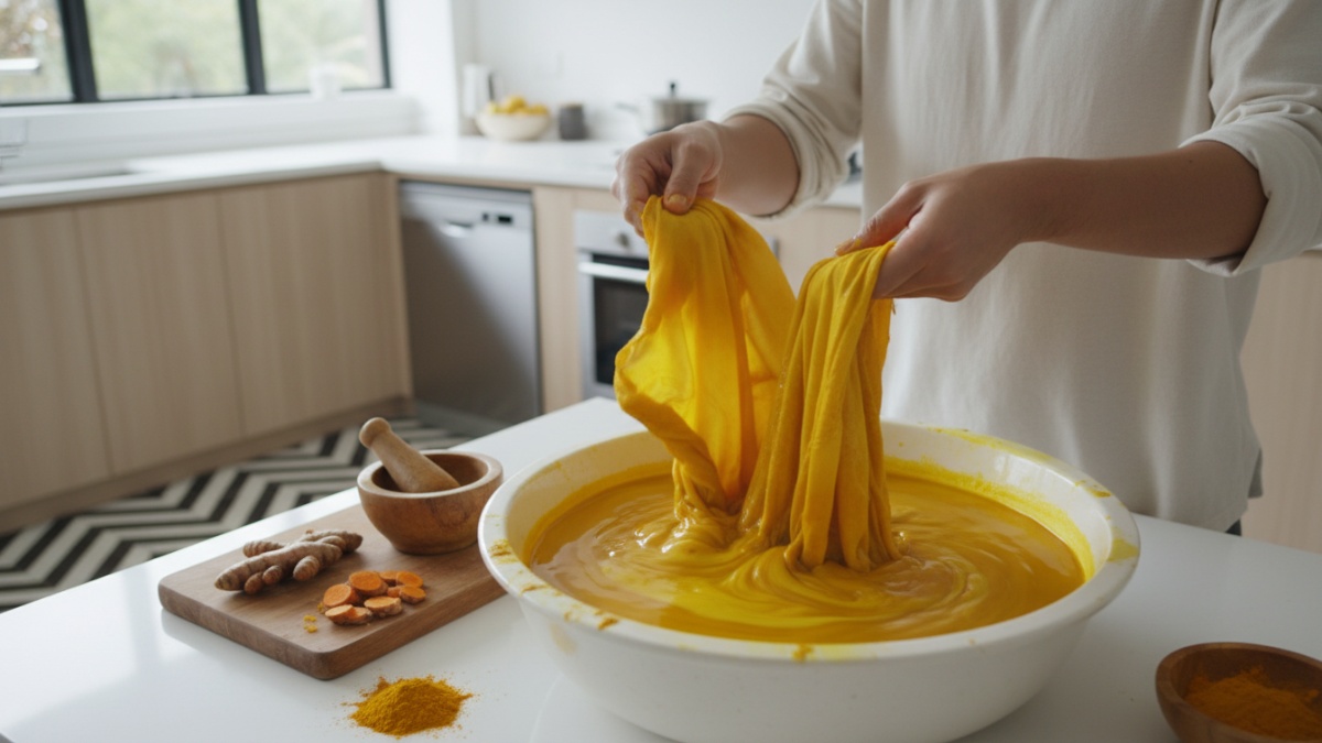 Baju katun yang sedang dicelup dalam larutan pewarna alami dari kunyit di dapur rumah. 