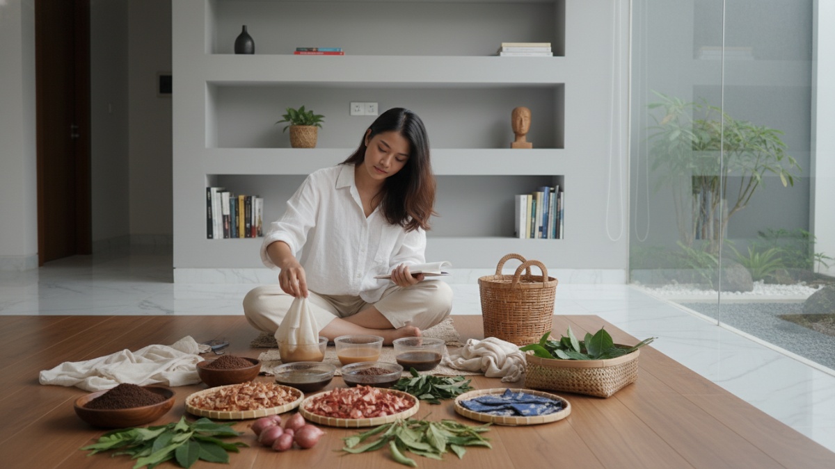 Berbagai bahan dapur seperti kopi, kulit bawang, dan daun yang digunakan sebagai pewarna kain. 