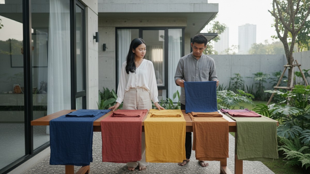 Contoh hasil warna kain dari bahan alami dengan variasi warna berbeda. 