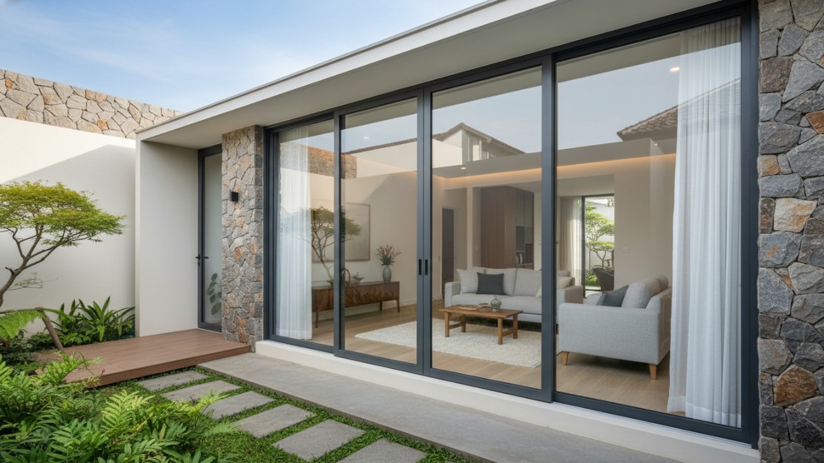 Model jendela geser aluminium pada rumah minimalis modern dengan desain sederhana.
