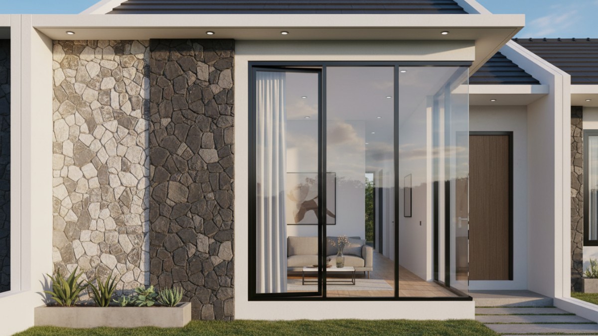 Tampilan pivot window pada rumah arsitektur modern kontemporer.