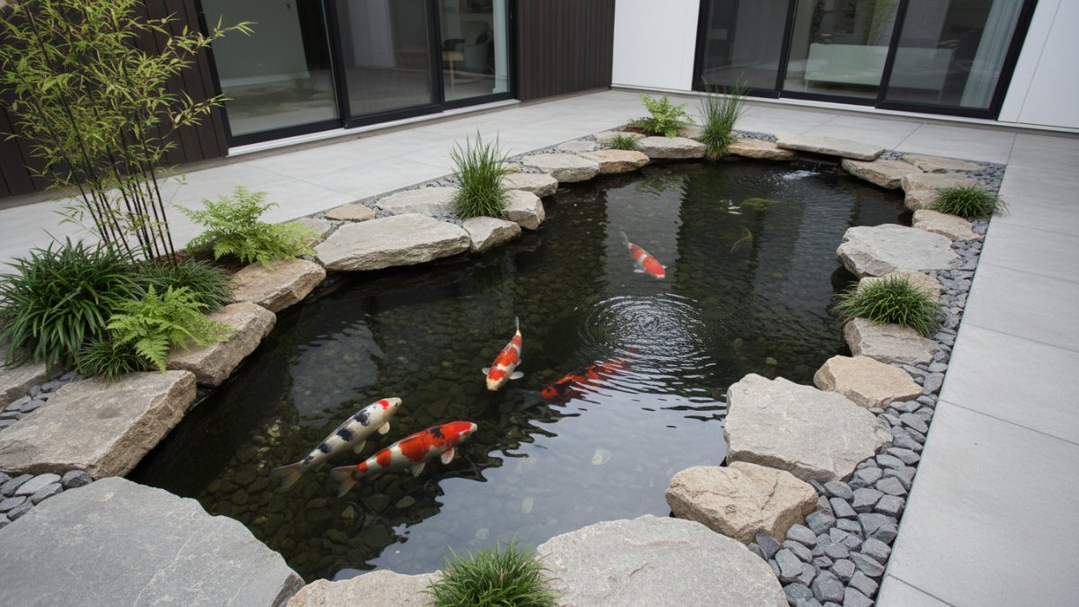 Kolam koi dengan batu alam natural