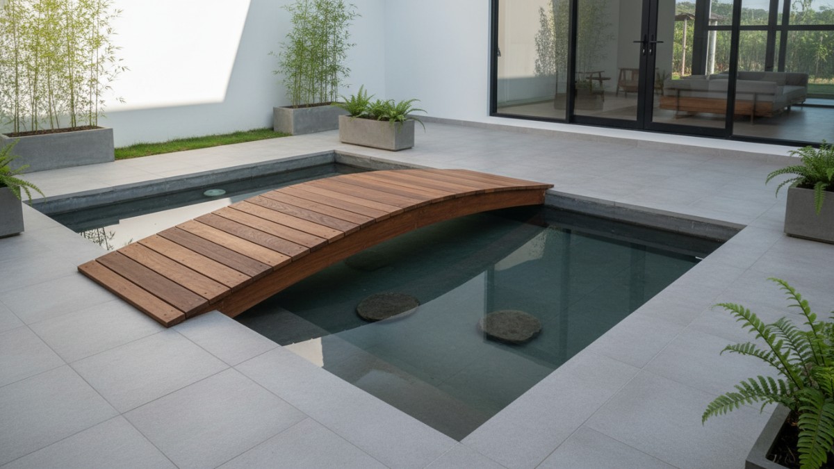 Kolam minimalis dengan jembatan kayu kecil