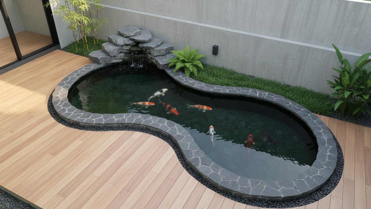 Kolam ikan koi gaya Jepang dengan batu alam dan tanaman hijau di halaman rumah minimalis.