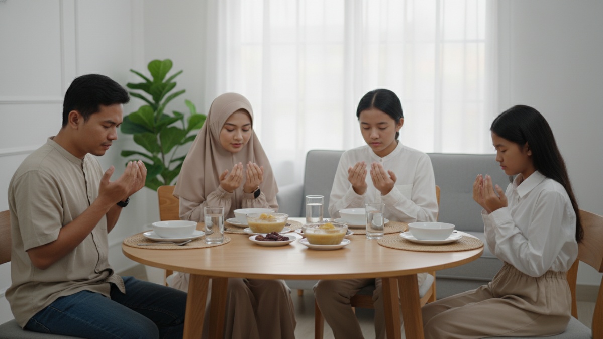 Keluarga berbuka puasa bersama di rumah menggambarkan Ramadhan sebagai momen membina akhlak keluarga.