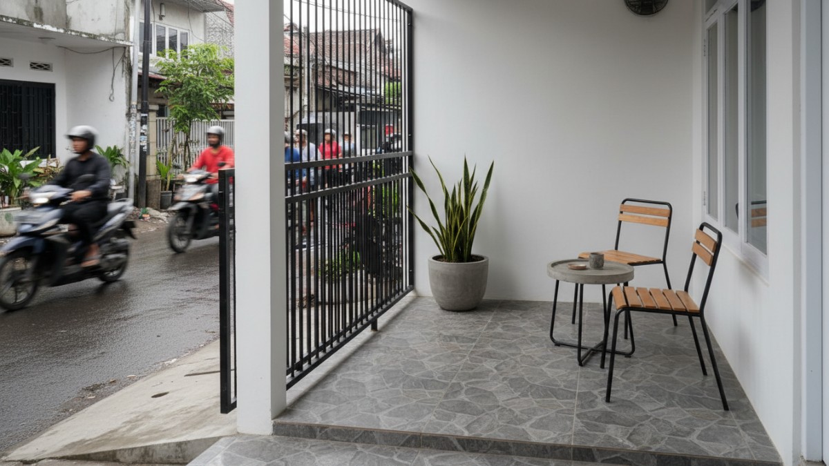 Teras transparan dengan pagar besi tipis