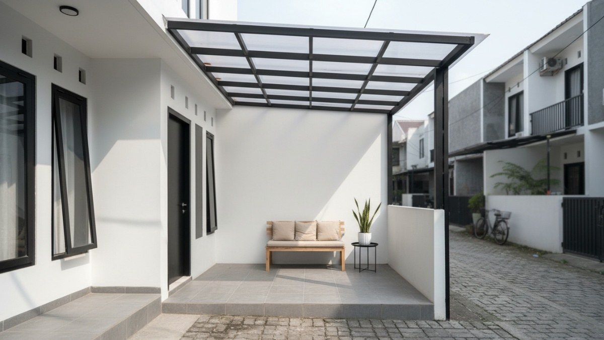 Desain teras minimalis dengan kanopi polikarbonat transparan untuk rumah gang sempit.