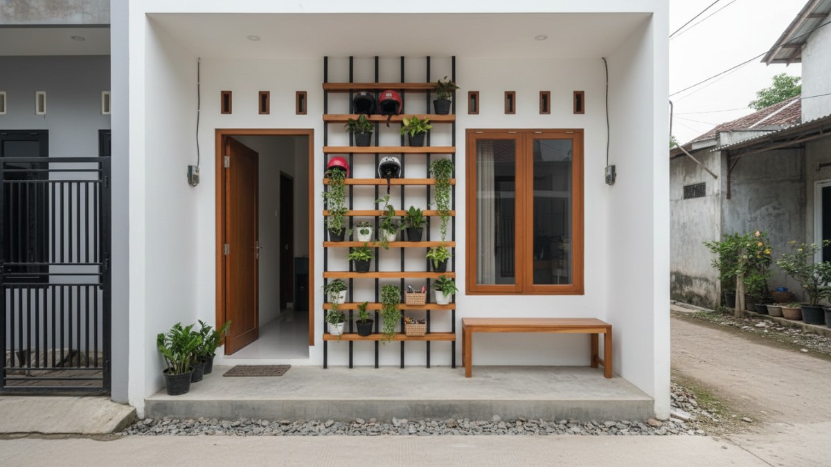 Renovasi teras rumah minimalis ukuran 1x2 meter di gang sempit dengan desain sederhana namun tetap rapi dan fungsional.