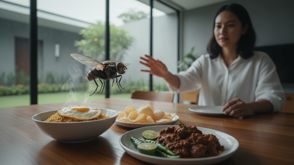 Lalat mendekati makanan terbuka di meja makan rumah. 