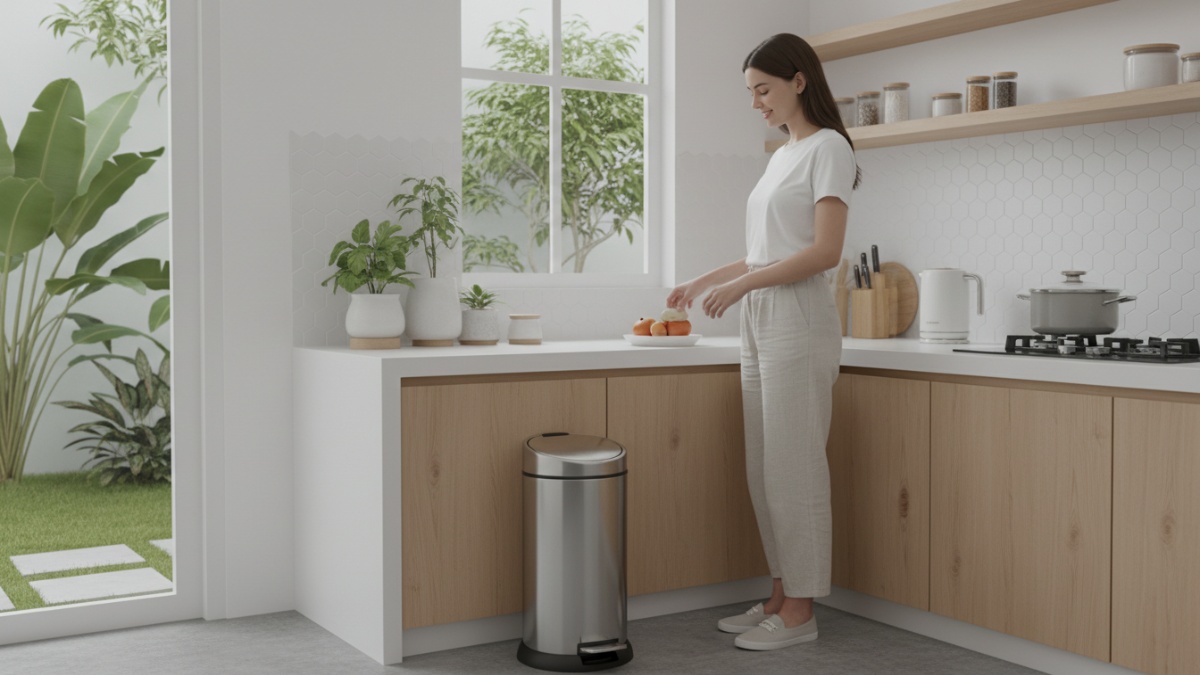 Tempat sampah dapur tertutup untuk menjaga kebersihan lingkungan makan. 