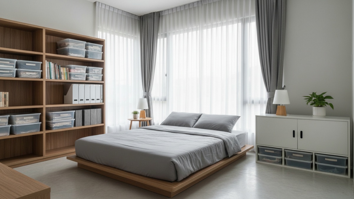 Langkah membersihkan kolong tempat tidur dan merapikan barang yang menumpuk.