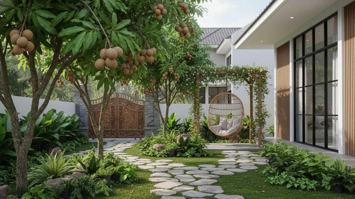 Taman rumah dengan pohon kelengkeng yang rimbun dan berbuah di halaman kecil.