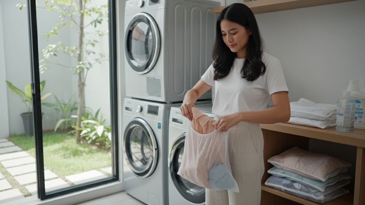 Penggunaan kantong laundry untuk melindungi pakaian berbahan tipis. 