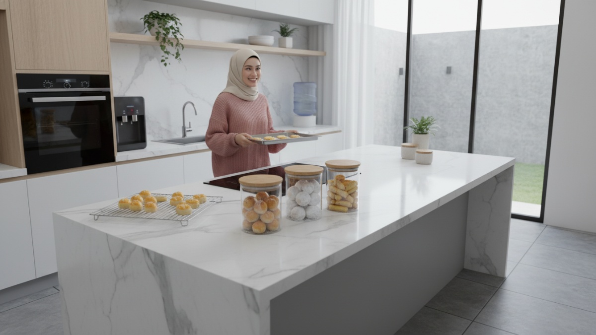Dapur rumah dengan toples berisi kue Lebaran simple yang baru selesai dipanggang. 