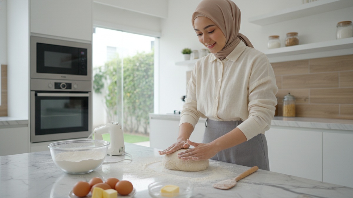 Proses membuat adonan kue Lebaran sederhana di dapur rumahan. 