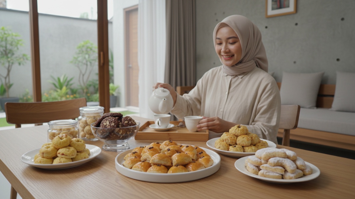 Beragam kue Lebaran simple seperti nastar, cookies cokelat, dan kue kacang di atas meja. 
