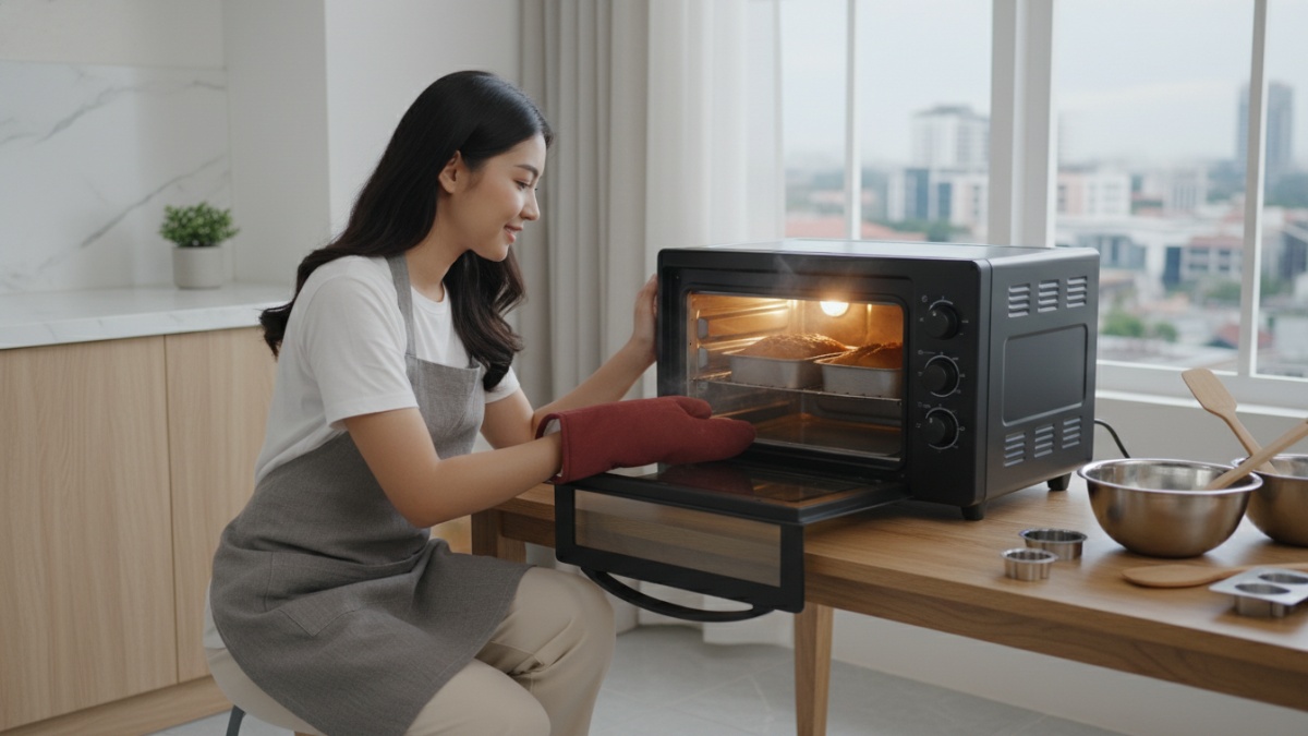 Proses memanggang kue dalam oven kecil rumahan. 