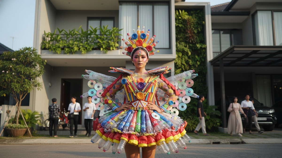 Kostum karnaval kreatif dari barang bekas dengan warna cerah yang menarik perhatian. 