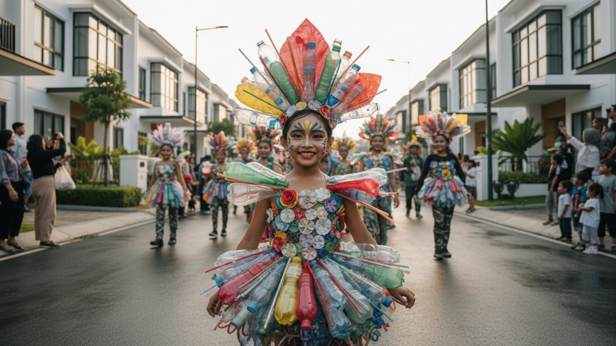 Anak mengenakan kostum bunga dari plastik bekas dalam parade karnaval. 