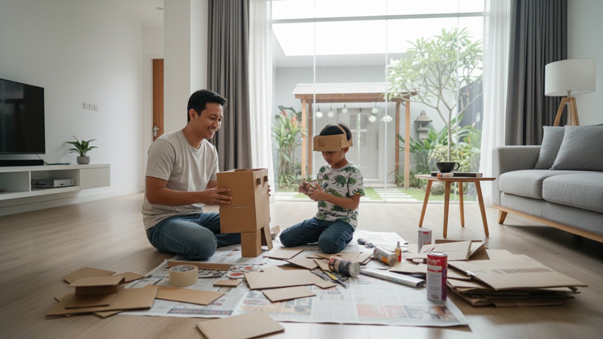 Proses membuat kostum robot dari kardus bekas. 