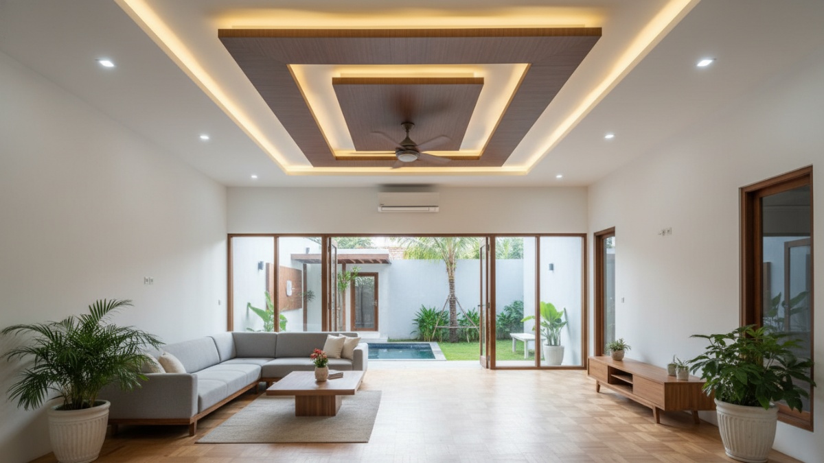 Interior ruang tamu modern dengan desain plafon elegan yang memberikan kesan mewah pada rumah.