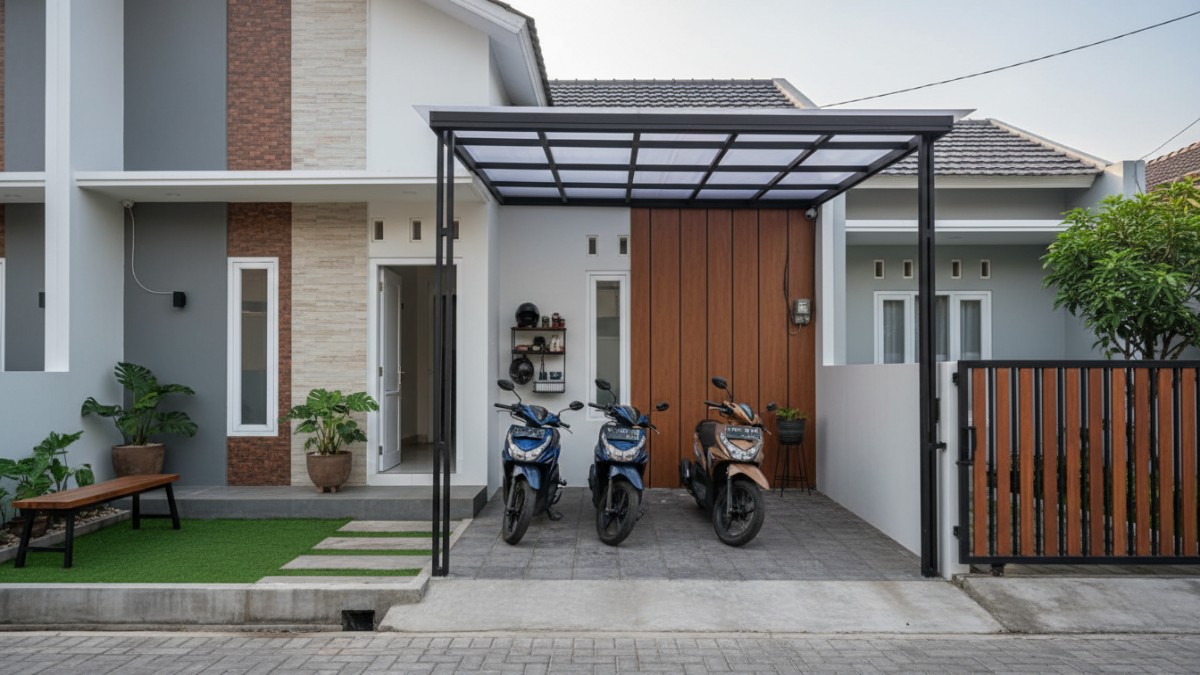 Desain garasi motor minimalis di rumah kecil dengan kanopi modern yang membuat halaman tetap rapi dan fungsional.