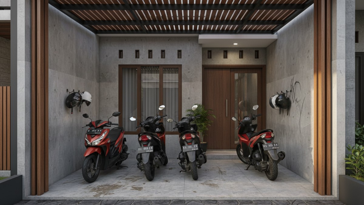 Ilustrasi kesalahan umum ukuran garasi motor yang terlalu sempit untuk manuver.