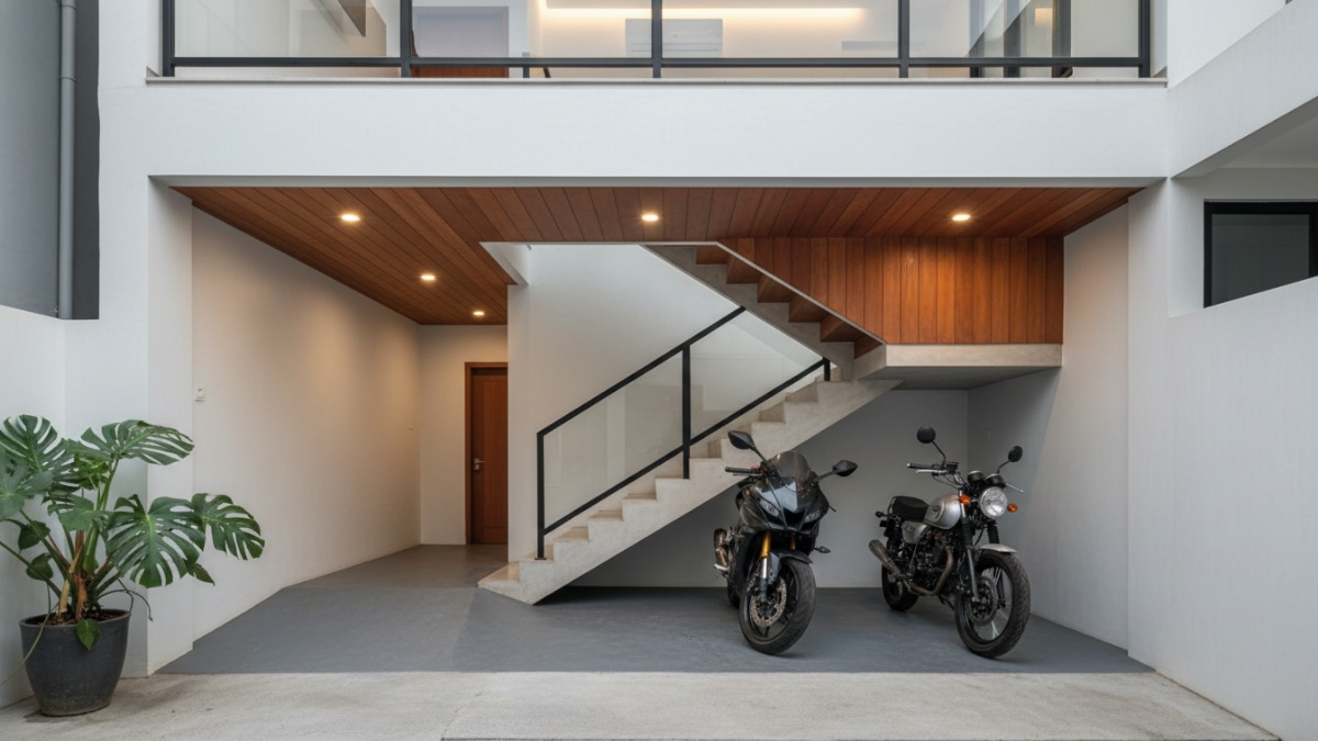 Garasi motor di bawah tangga Untuk rumah dua lantai dengan lahan terbatas, ruang di bawah tangga bisa dimanfaatkan sebagai parkir motor. 