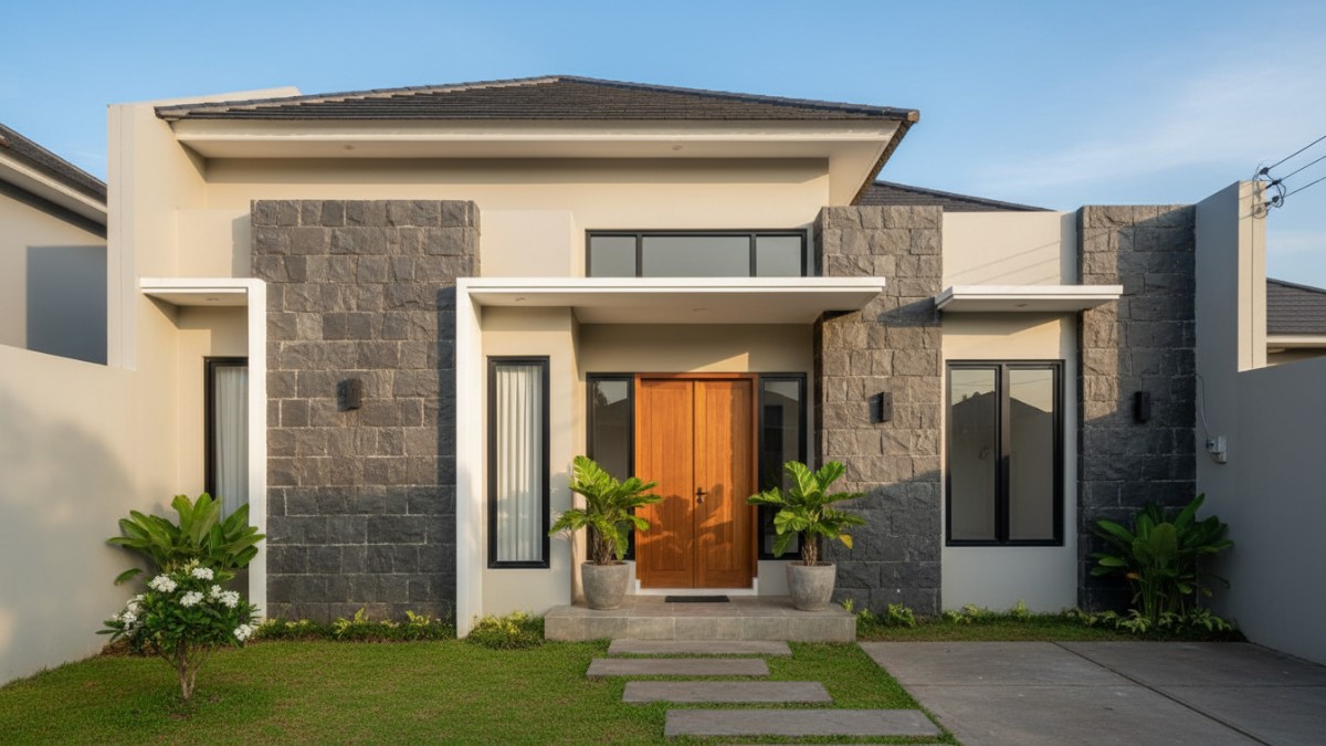 Fasad rumah minimalis dengan kombinasi batu alam dan cat warna netral yang menciptakan tampilan modern dan natural.