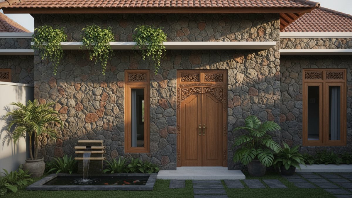 Contoh dinding rumah dengan batu alam sebagai elemen utama fasad.