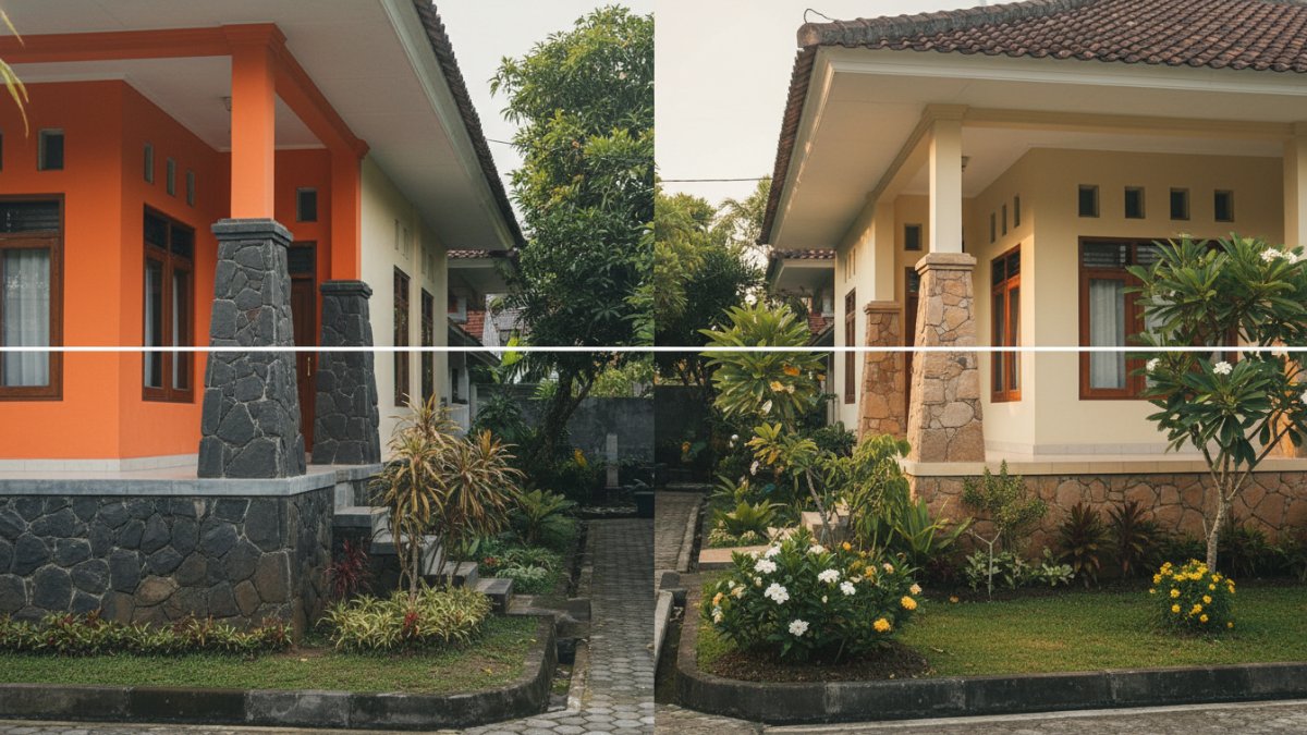 Perbandingan warna cat rumah yang salah dan yang harmonis dengan batu alam.