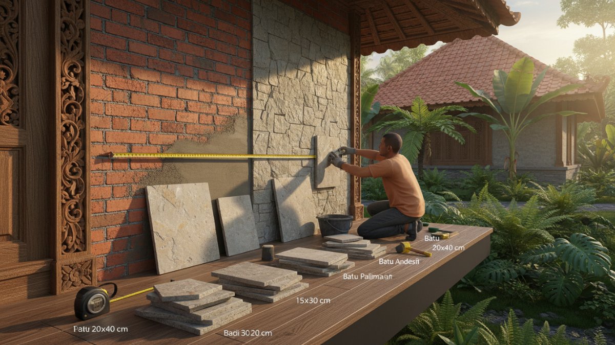 Ilustrasi ukuran dan pemasangan batu alam pada dinding rumah.