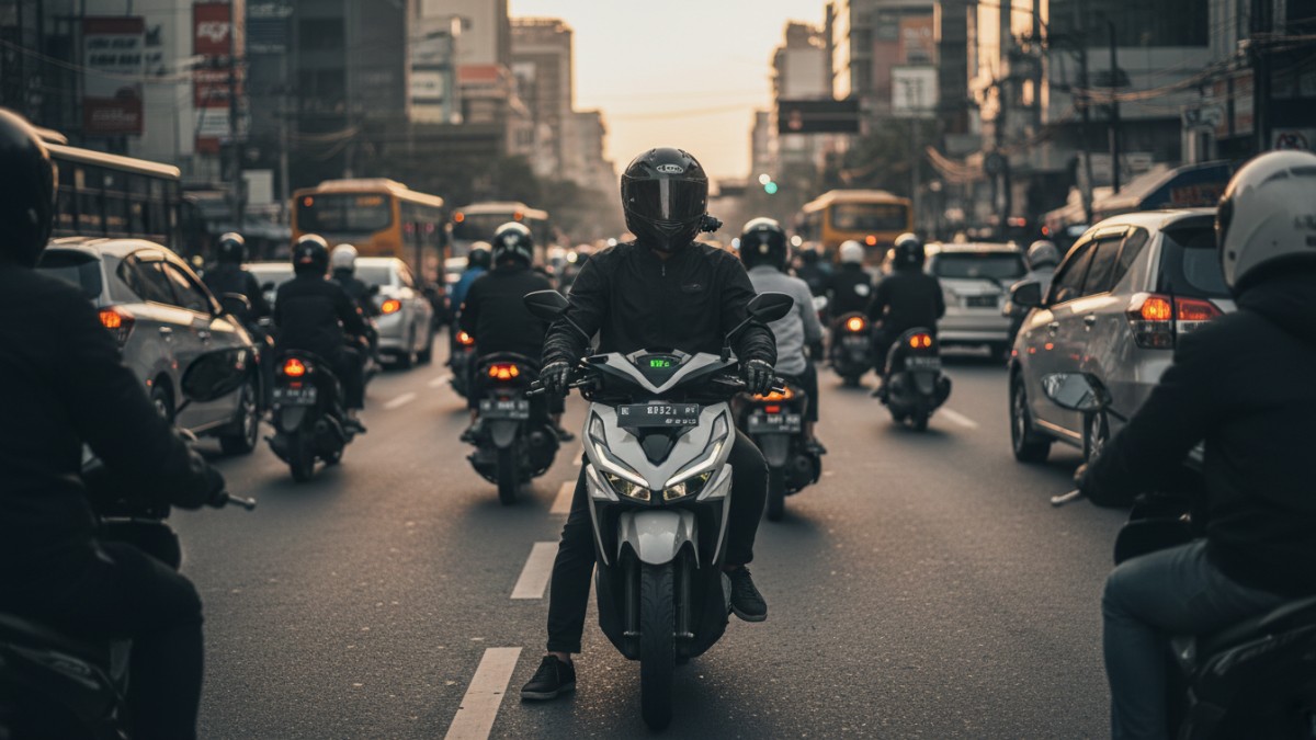 Honda Vario Street 125 saat digunakan di lalu lintas kota yang padat dengan fitur Idling Stop System aktif.
