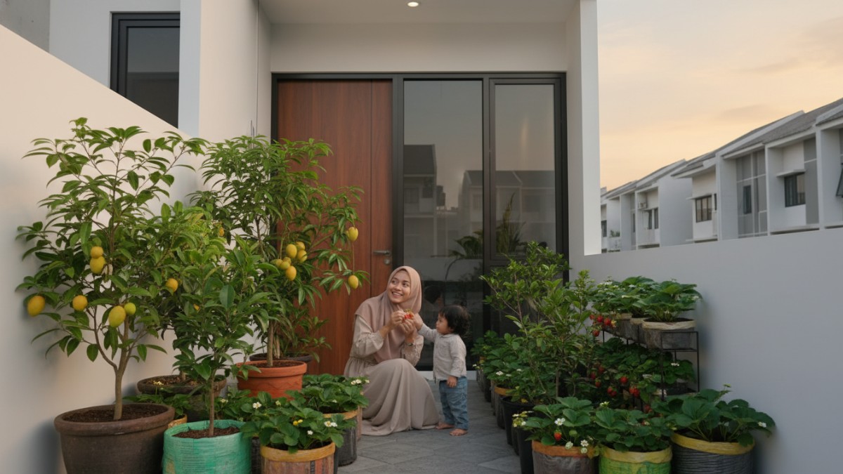 Kebun buah mini di teras rumah dengan beberapa tanaman jeruk dan jambu dalam pot besar.