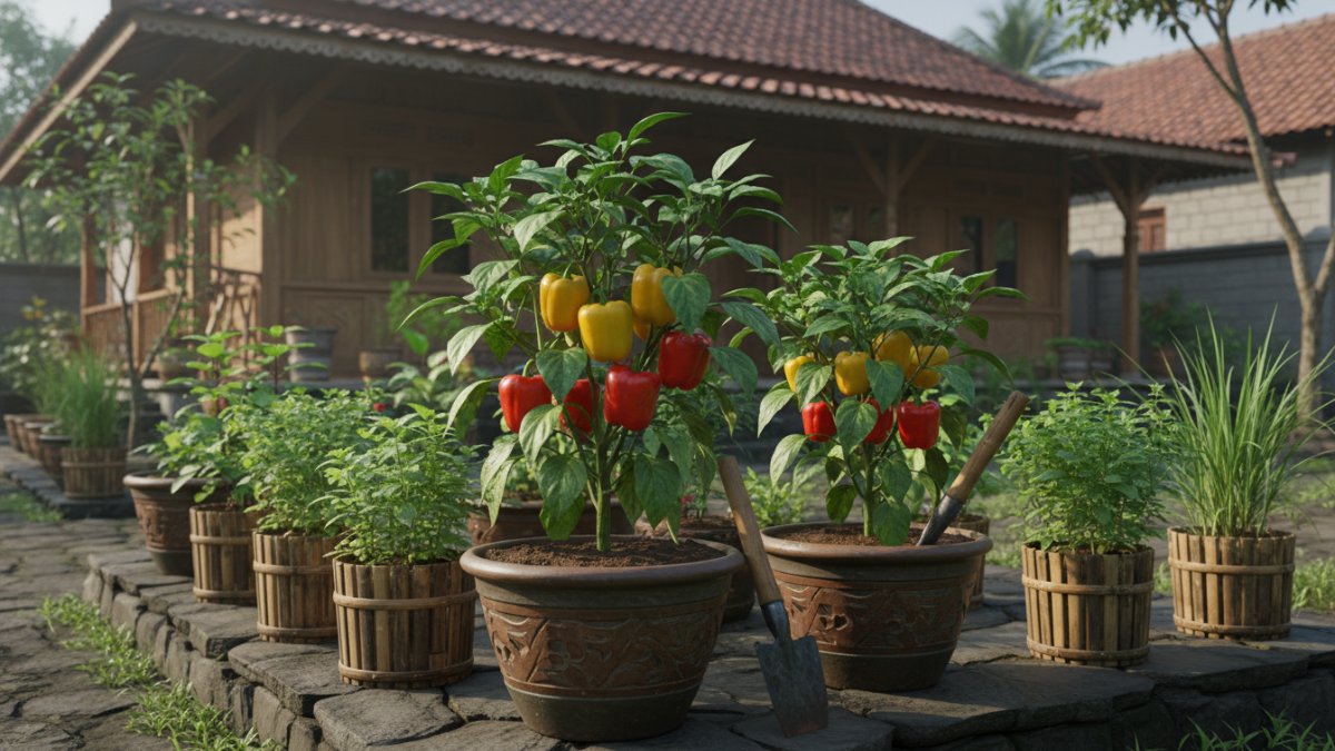 Tanaman paprika merah dan kuning tumbuh di pot halaman rumah, ilustrasi kebun sayur mini yang cantik dan produktif.
