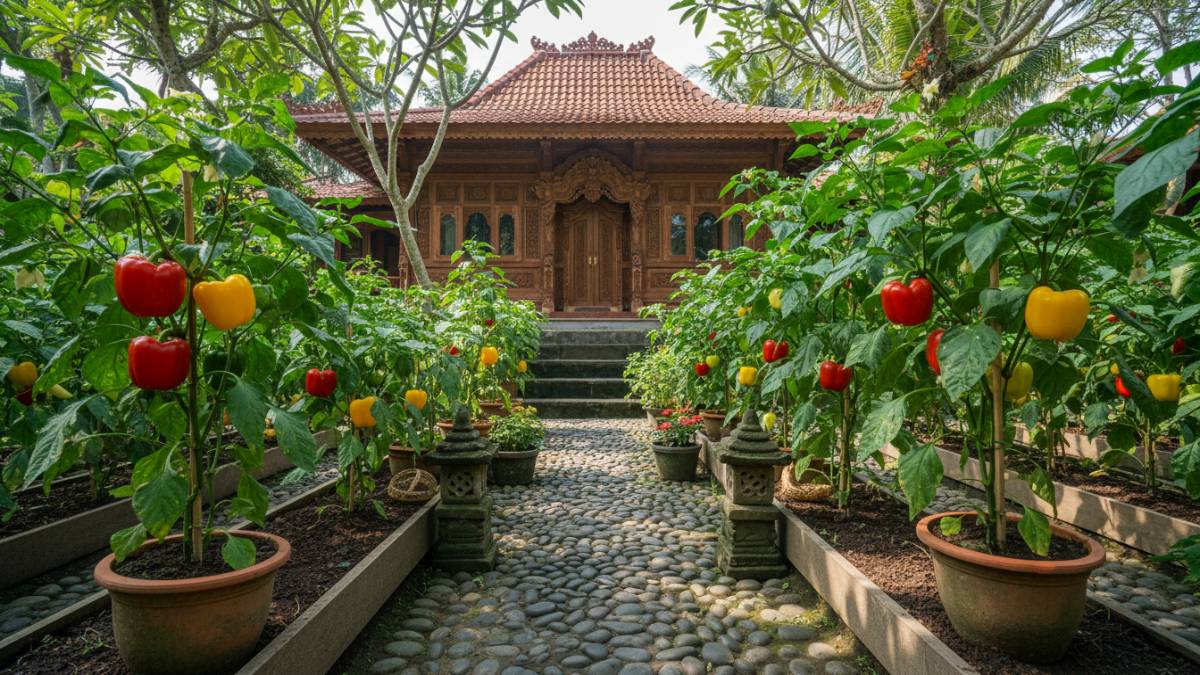 Paprika berwarna merah dan kuning menghiasi taman rumah sebagai tanaman sayur sekaligus dekorasi halaman.