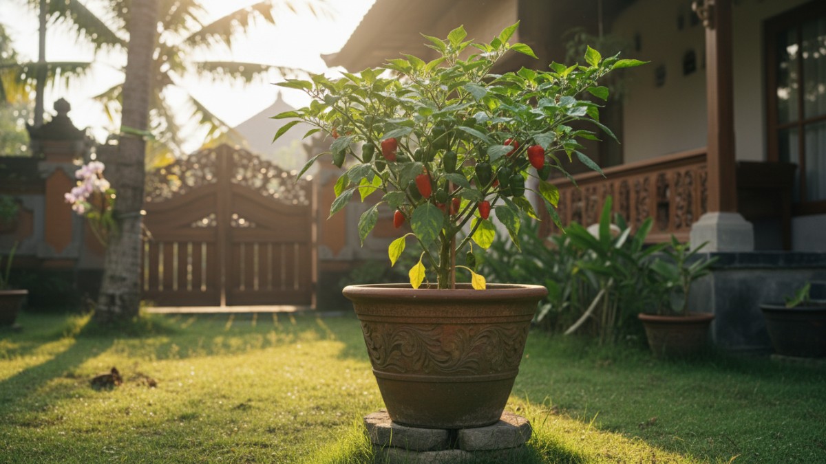 Pot tanaman paprika di halaman rumah dengan sinar matahari cukup untuk pertumbuhan optimal.
