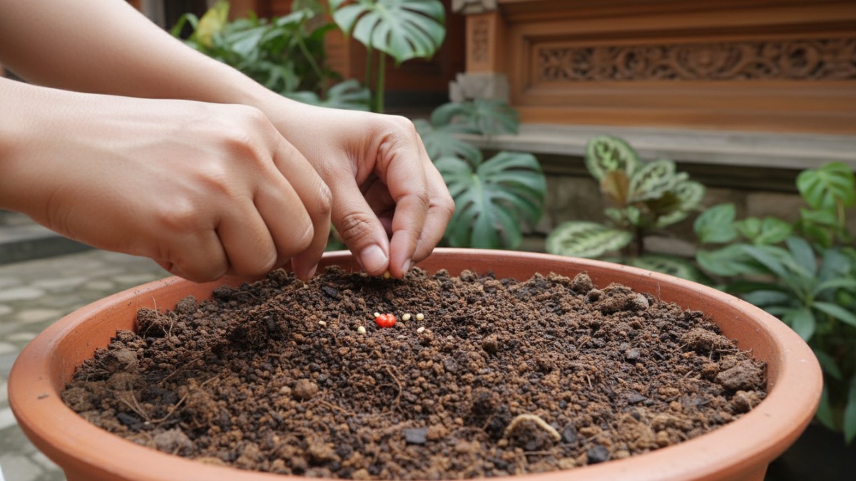 Proses menanam biji paprika di pot dengan media tanah gembur dan kompos.